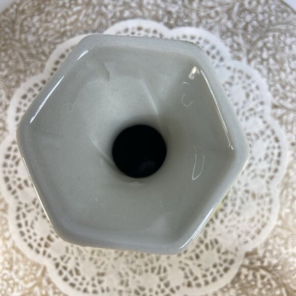 Anthropologie Vase Applied Flowers Blooms Yellow Green Leaf Vine Scroll Hexagon - Picture 8 of 9